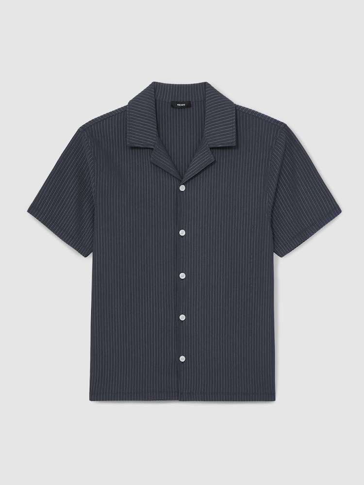 Reiss Petrol Blue Arnott Textured-Stripe Cuban-Collar Shirt - Image 2 of 5