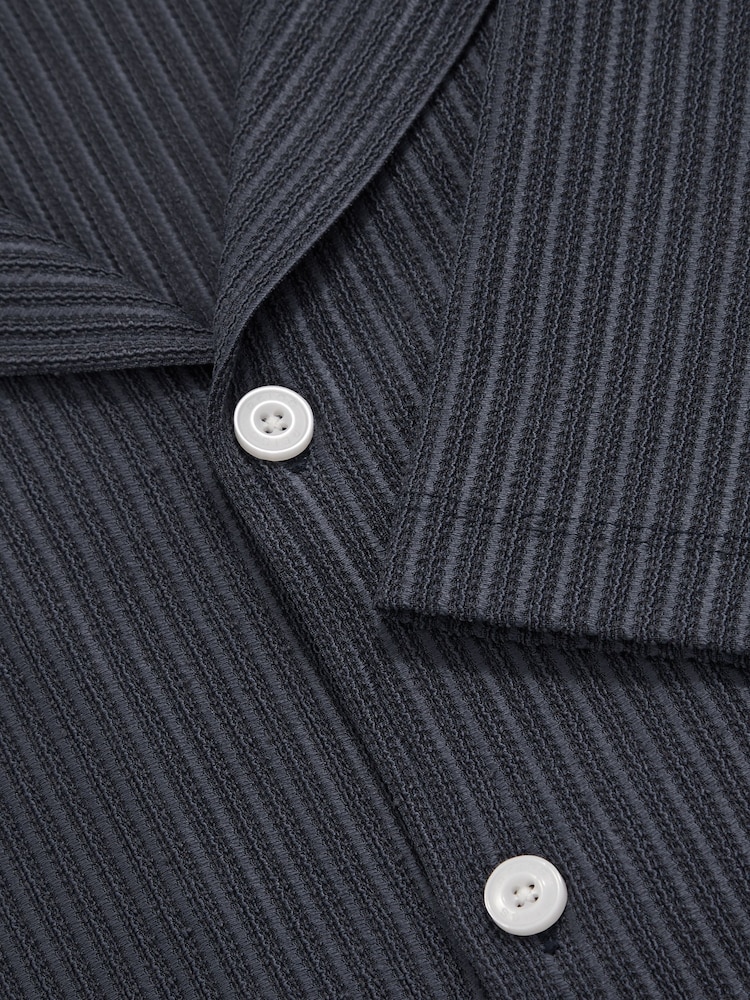 Reiss Petrol Blue Arnott Textured-Stripe Cuban-Collar Shirt - Image 5 of 5