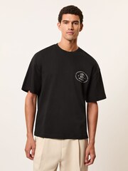 Reiss Black Cuthbert Monogram Print Cotton Oversized T-Shirt - Image 1 of 6