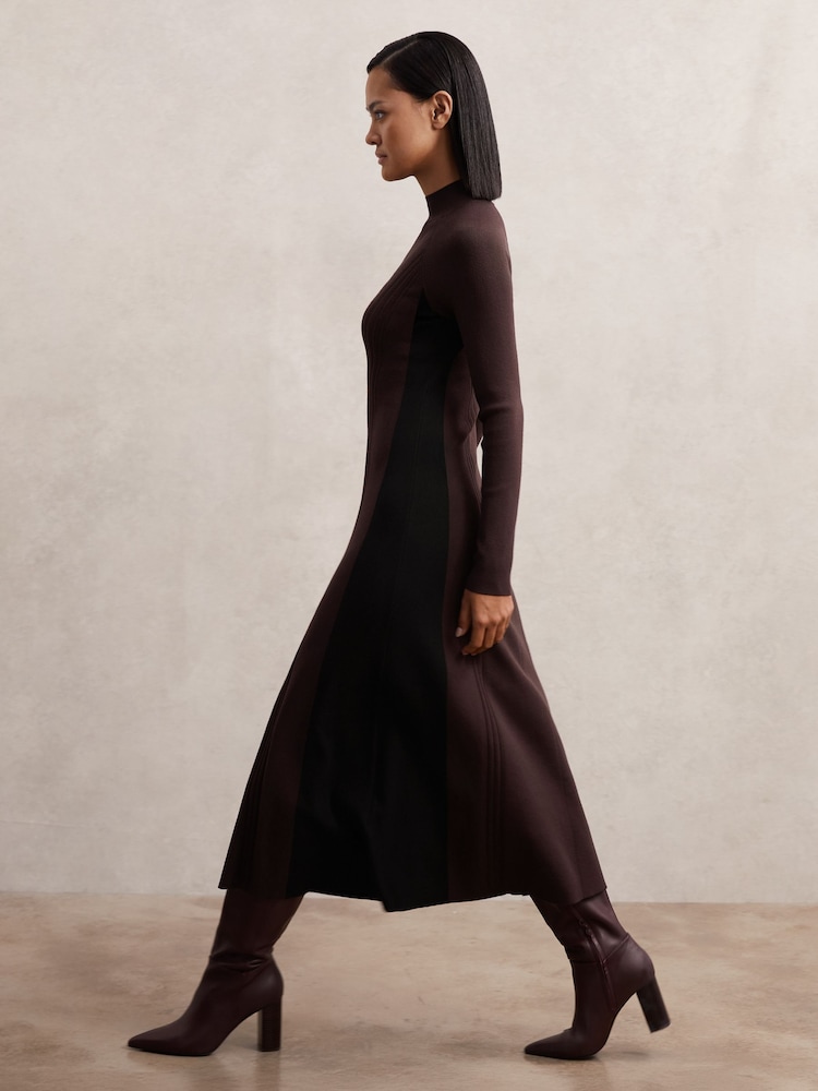 Plum Purple/preto - Vestido de malha canelada com cinto Reiss Zaya - Imagem 1 de 5