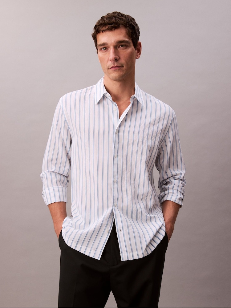 Calvin Klein White Long Sleeve Viscose Nylon Stripe Shirt - Image 1 of 5