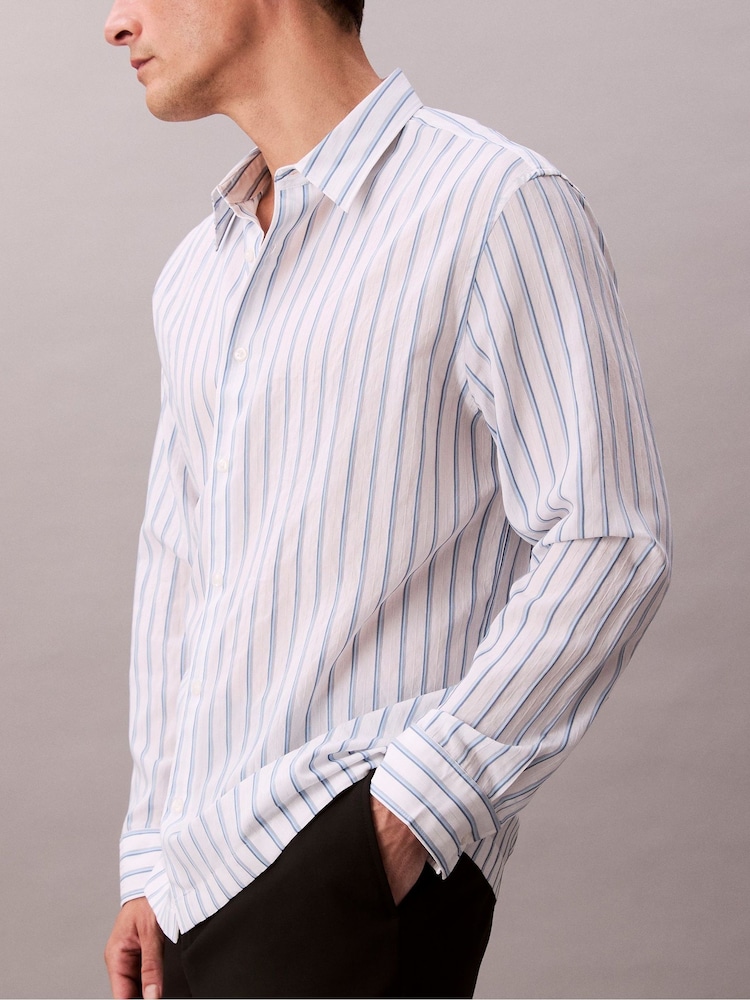 Calvin Klein White Long Sleeve Viscose Nylon Stripe Shirt - Image 2 of 3 Calvin Klein White Long Sleeve Viscose Nylon Stripe Shirt - Image 2 of 3