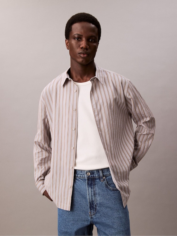 Calvin Klein Natural Stripe Shirt - Image 1 of 5 Calvin Klein Natural Stripe Shirt - Image 1 of 5