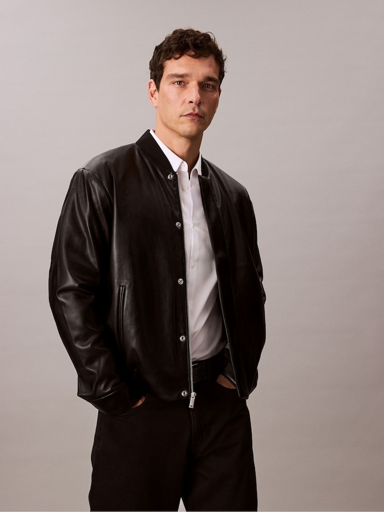 Calvin Klein Black Long Sleeve Faux Leather Bomber Jacket - Image 1 of 5 Calvin Klein Black Long Sleeve Faux Leather Bomber Jacket - Image 1 of 5