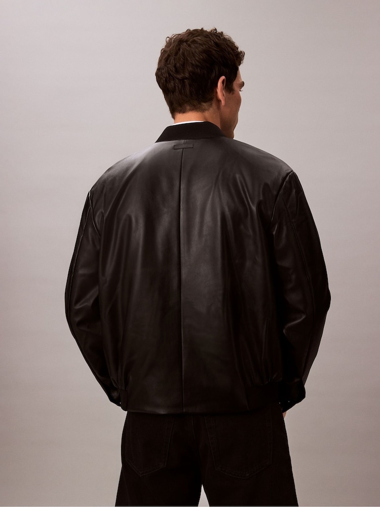 Calvin Klein Black Long Sleeve Faux Leather Bomber Jacket - Image 2 of 5 Calvin Klein Black Long Sleeve Faux Leather Bomber Jacket - Image 2 of 5