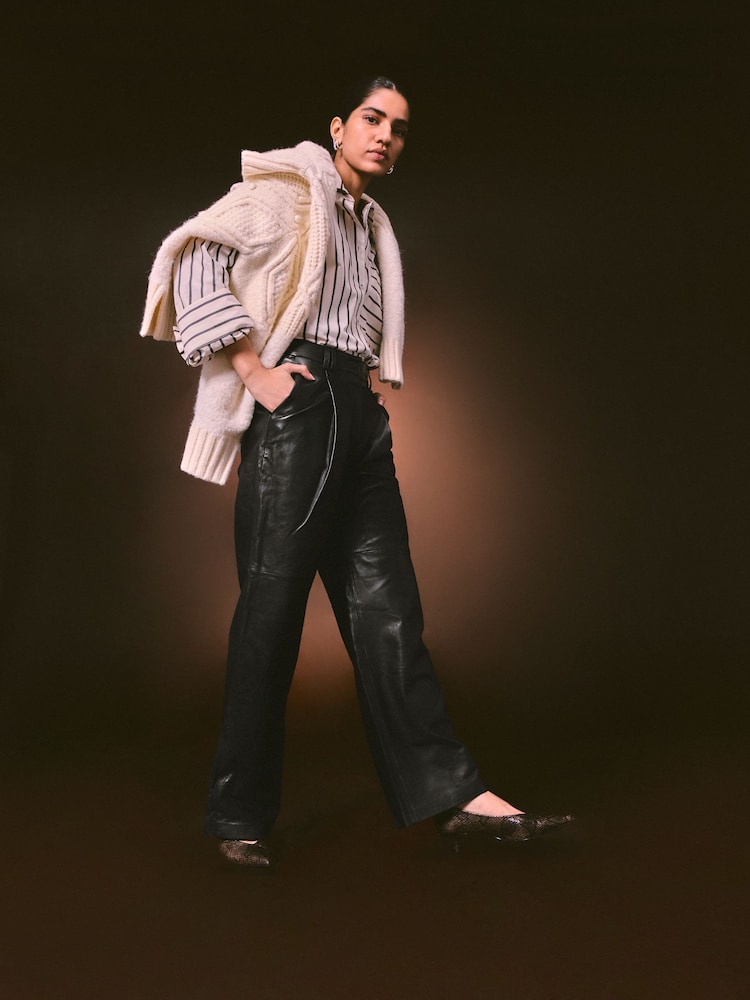 Nothing Ordinary Black Leather Straight Leg Trousers - Image 1 of 3 Nothing Ordinary Black Leather Straight Leg Trousers - Image 1 of 3