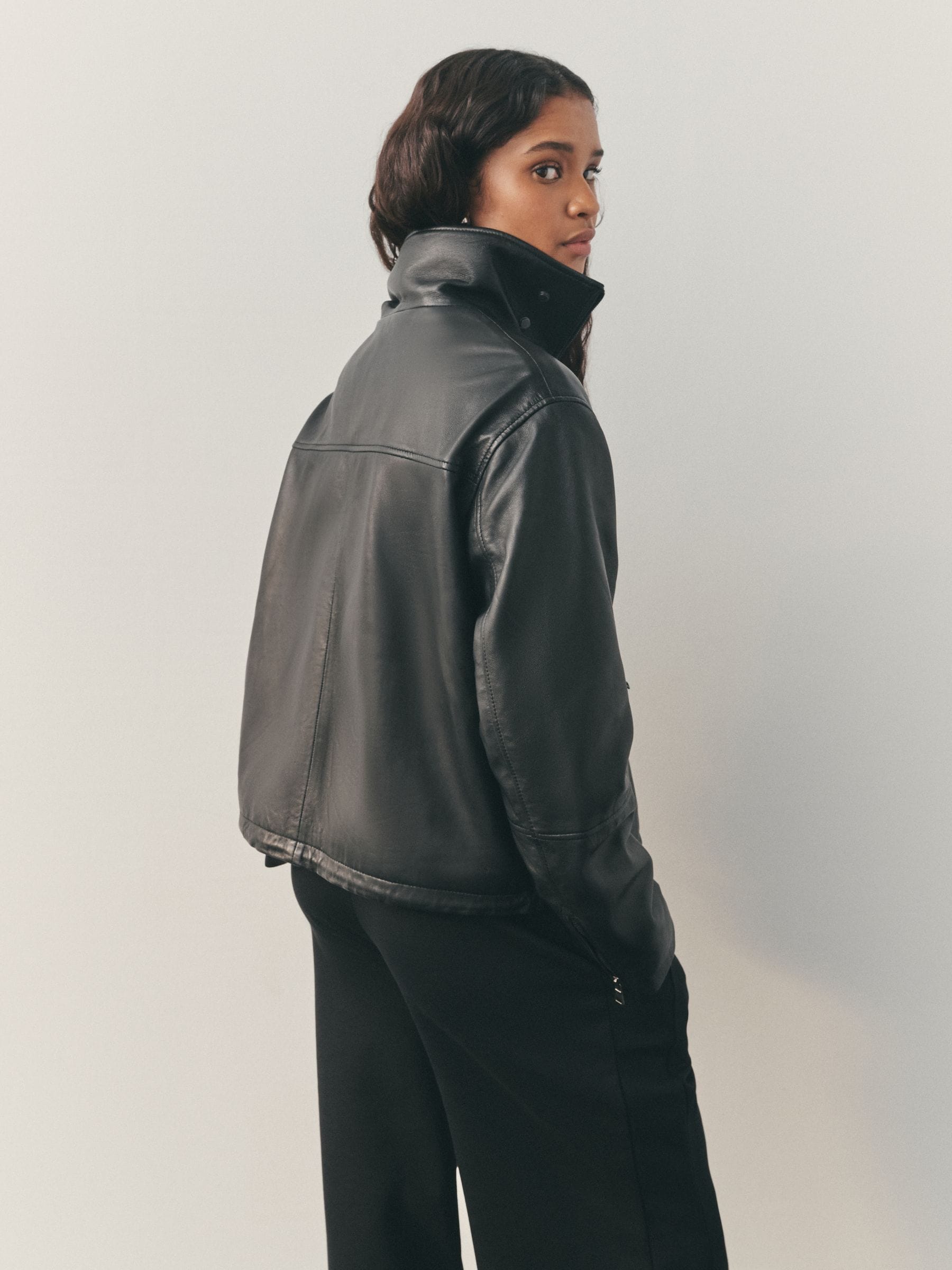 Buy Nothing Ordinary Black Leather Funnel Neck Bomber Jacket from