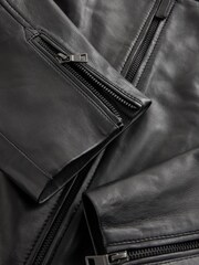 Nothing Ordinary Black Leather Funnel Neck Bomber Jacket - Image 9 of 12