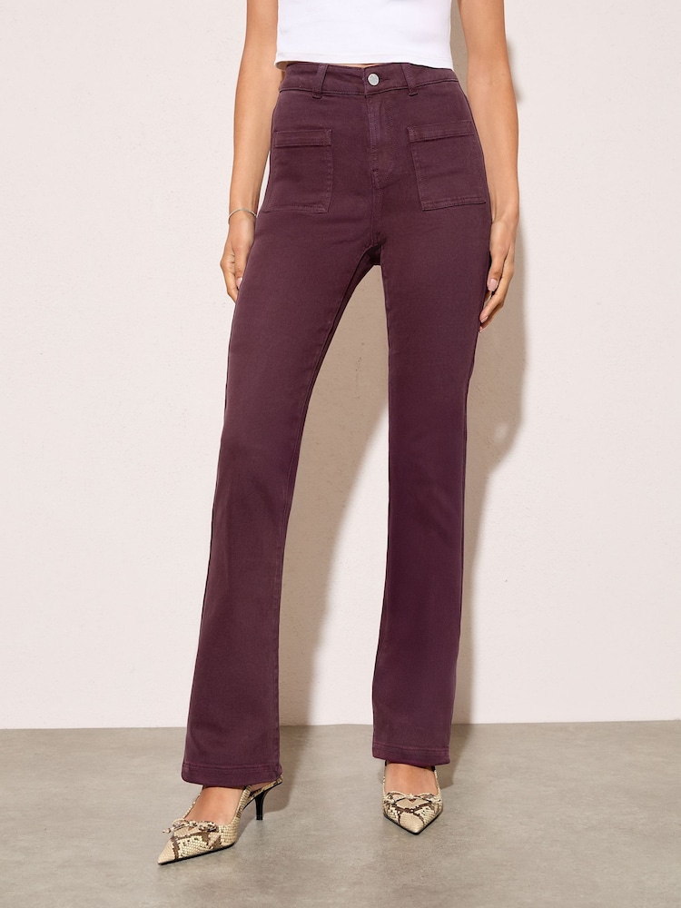 Friends Like These Burgundy Red High Waist Pocket Flare Jeans - Image 1 of 4 Friends Like These Burgundy Red High Waist Pocket Flare Jeans - Image 1 of 4