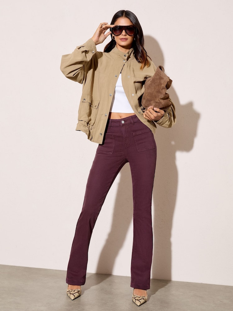 Friends Like These Burgundy Red High Waist Pocket Flare Jeans - Image 2 of 4 Friends Like These Burgundy Red High Waist Pocket Flare Jeans - Image 2 of 4