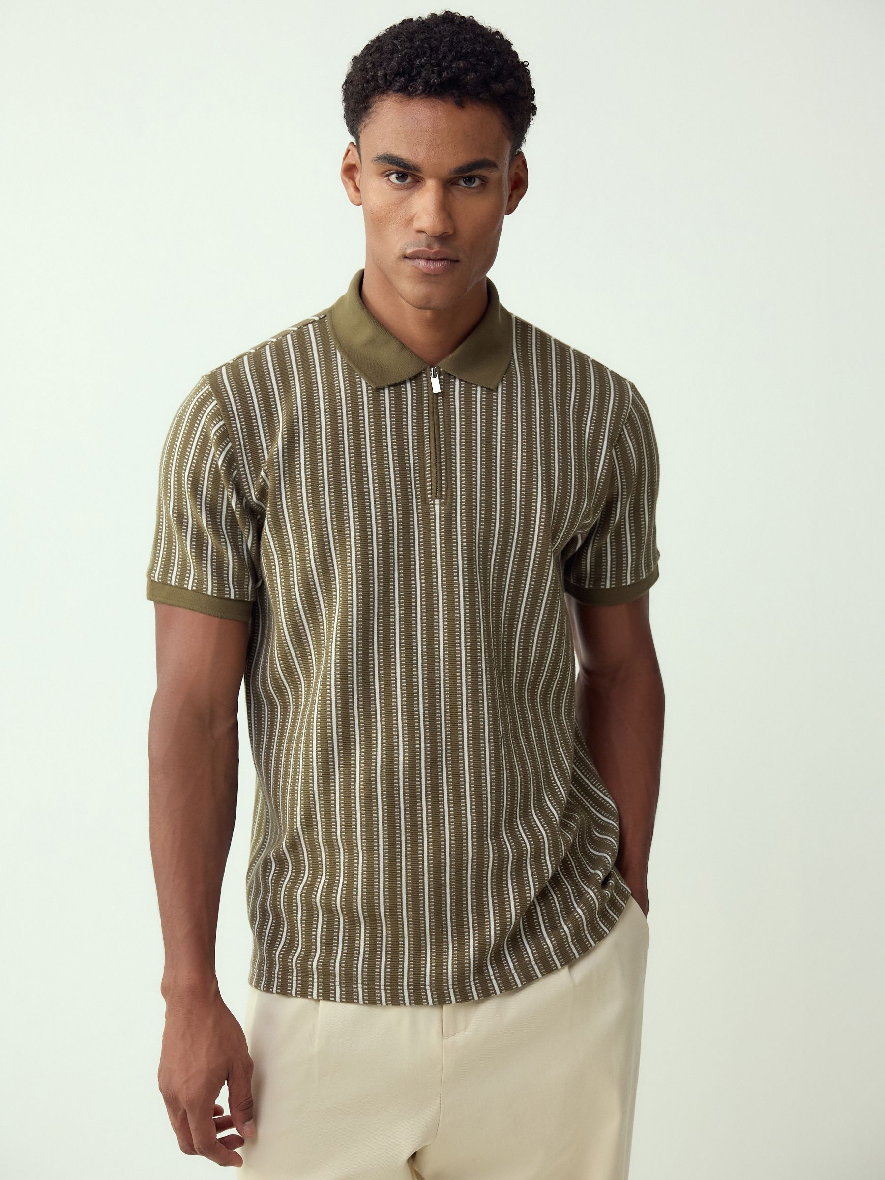 Buy Green/White Vertical Stripe Quarter Zip Polo Shirt from the