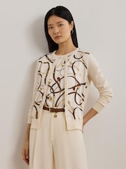 Lauren Ralph Lauren Cream Ofryah Belt Print Cotton Modal Knit Cardigan - Image 1 of 5