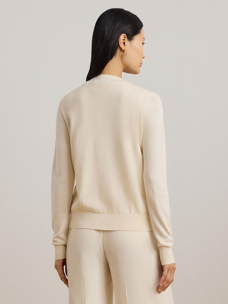 Lauren Ralph Lauren Cream Ofryah Belt Print Cotton Modal Knit Cardigan - Image 2 of 5