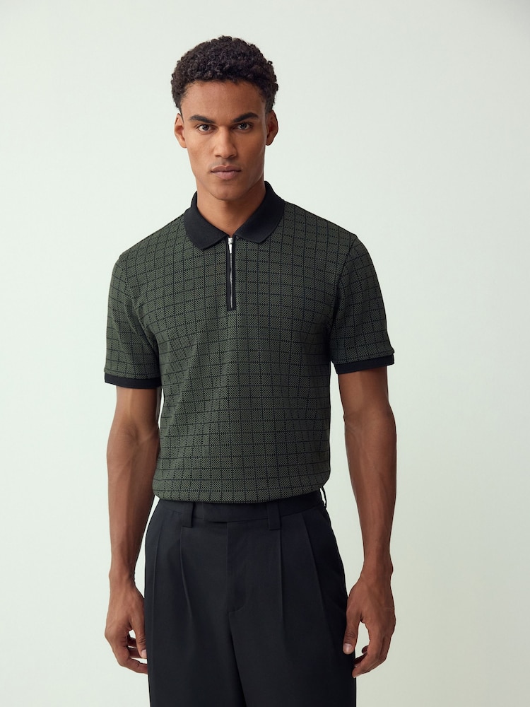 Green Check Pattern Quarter Zip Polo Shirt - Image 1 of 7
