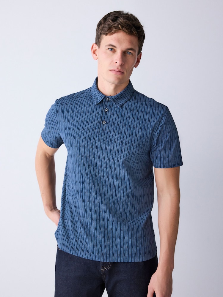 Blue Pattern Regular Fit Short Sleeve Polo Shirt - Image 2 of 7