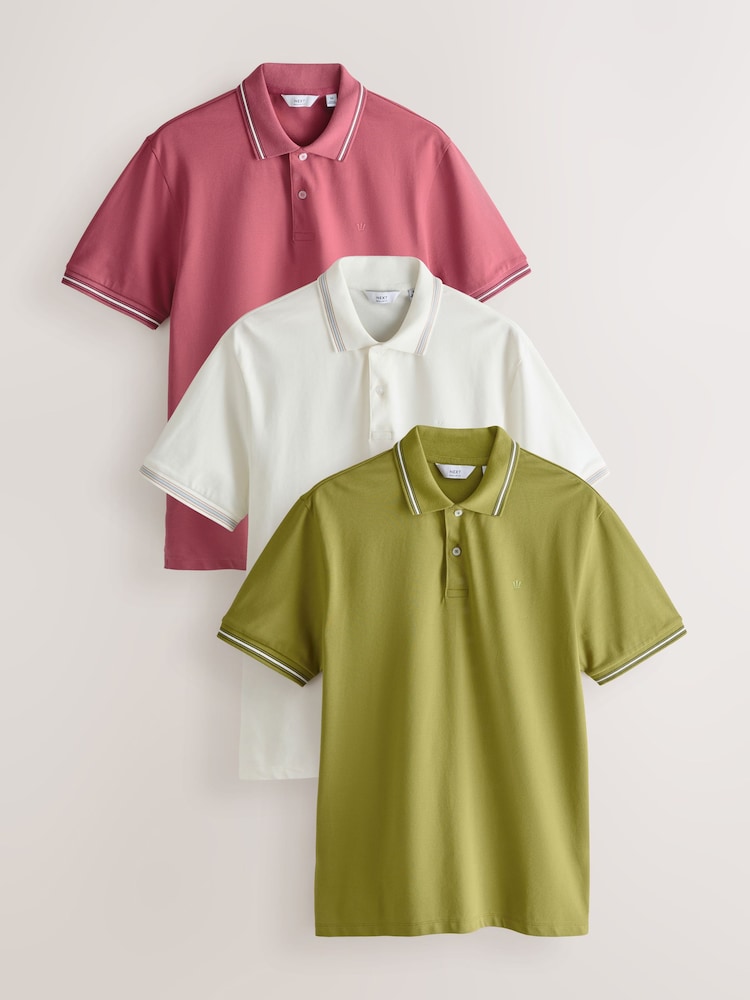 Ecru/Pink/Green Short Sleeve Tipped Pique Polo Shirts 3 Pack - Image 1 of 8