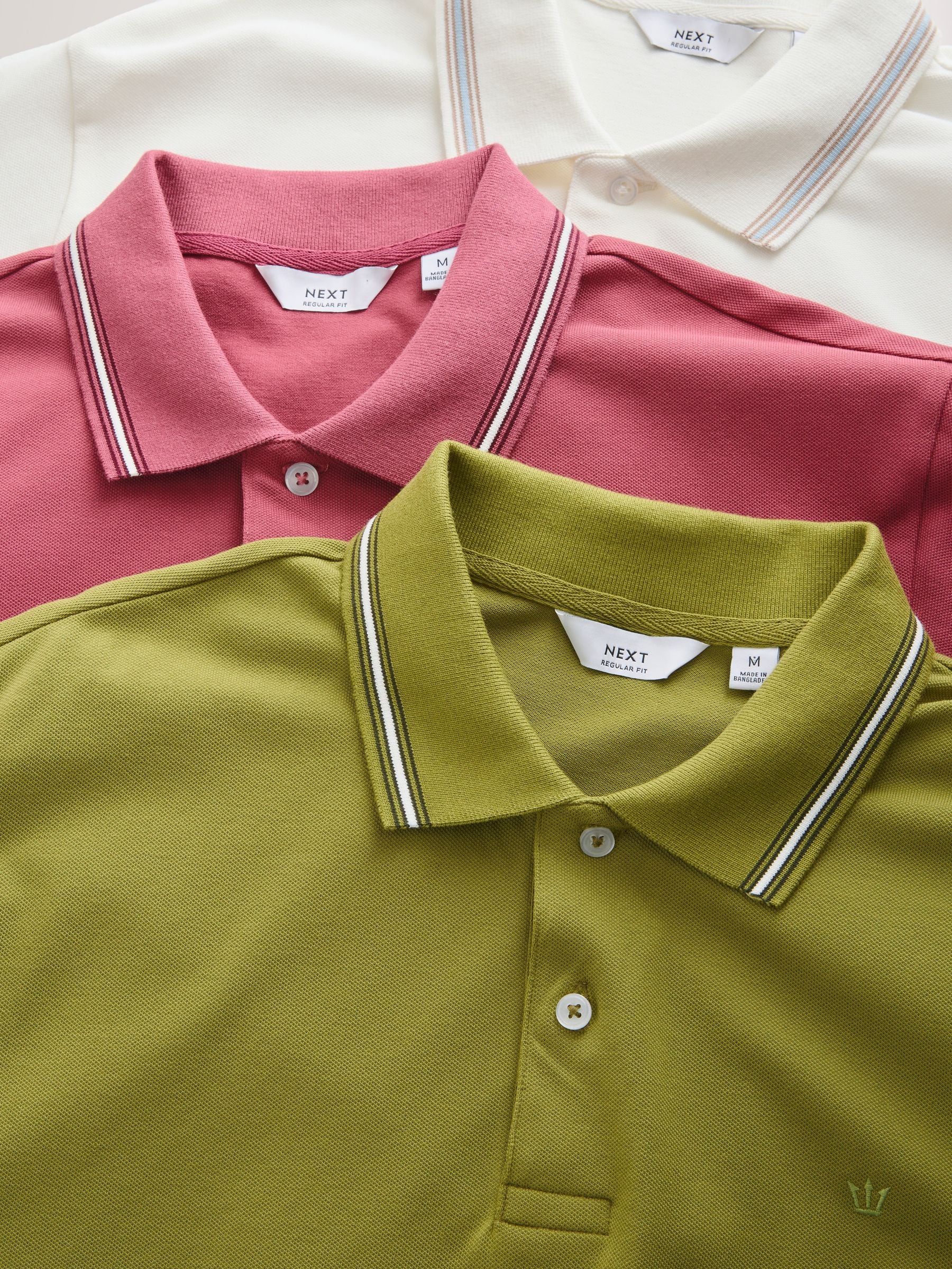 Buy Ecru/Pink/Green Short Sleeve Tipped Pique Polo Shirts 3 Pack