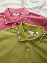 Ecru/Pink/Green Short Sleeve Tipped Pique Polo Shirts 3 Pack - Image 7 of 8
