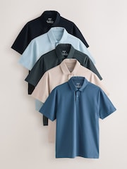 Grey/Navy/Neutral Regular Fit Short Sleeve Jersey Polo Shirts 5 Pack - Image 1 of 8
