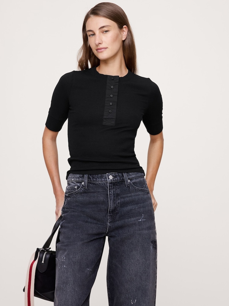 Banana Republic Black Ribbed Henley Top - Image 1 of 1 Banana Republic Black Ribbed Henley Top - Image 1 of 1
