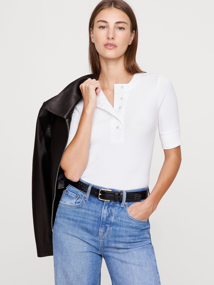 Banana Republic White Ribbed Henley Top - Image 1 of 1 Banana Republic White Ribbed Henley Top - Image 1 of 1