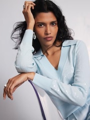 Mint Velvet Blue Sequin Knit Polo Top - Image 2 of 7