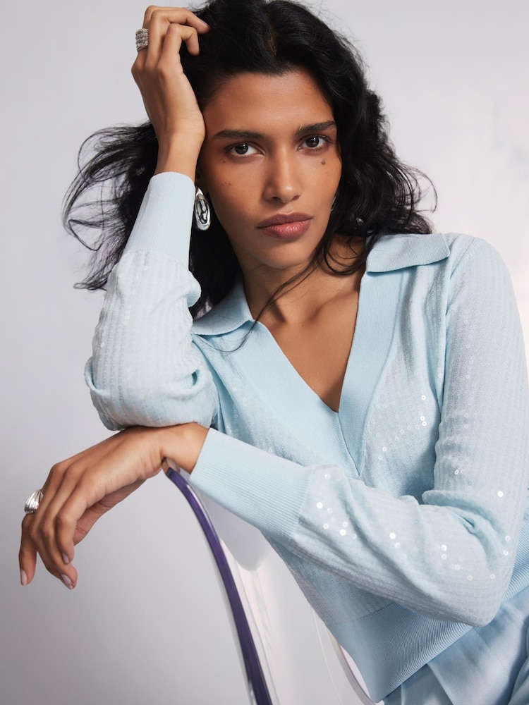 Mint Velvet Blue Sequin Knit Polo Top - Image 2 of 7
