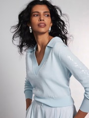 Mint Velvet Blue Sequin Knit Polo Top - Image 3 of 7
