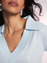 Mint Velvet Blue Sequin Knit Polo Top - Image 4 of 7