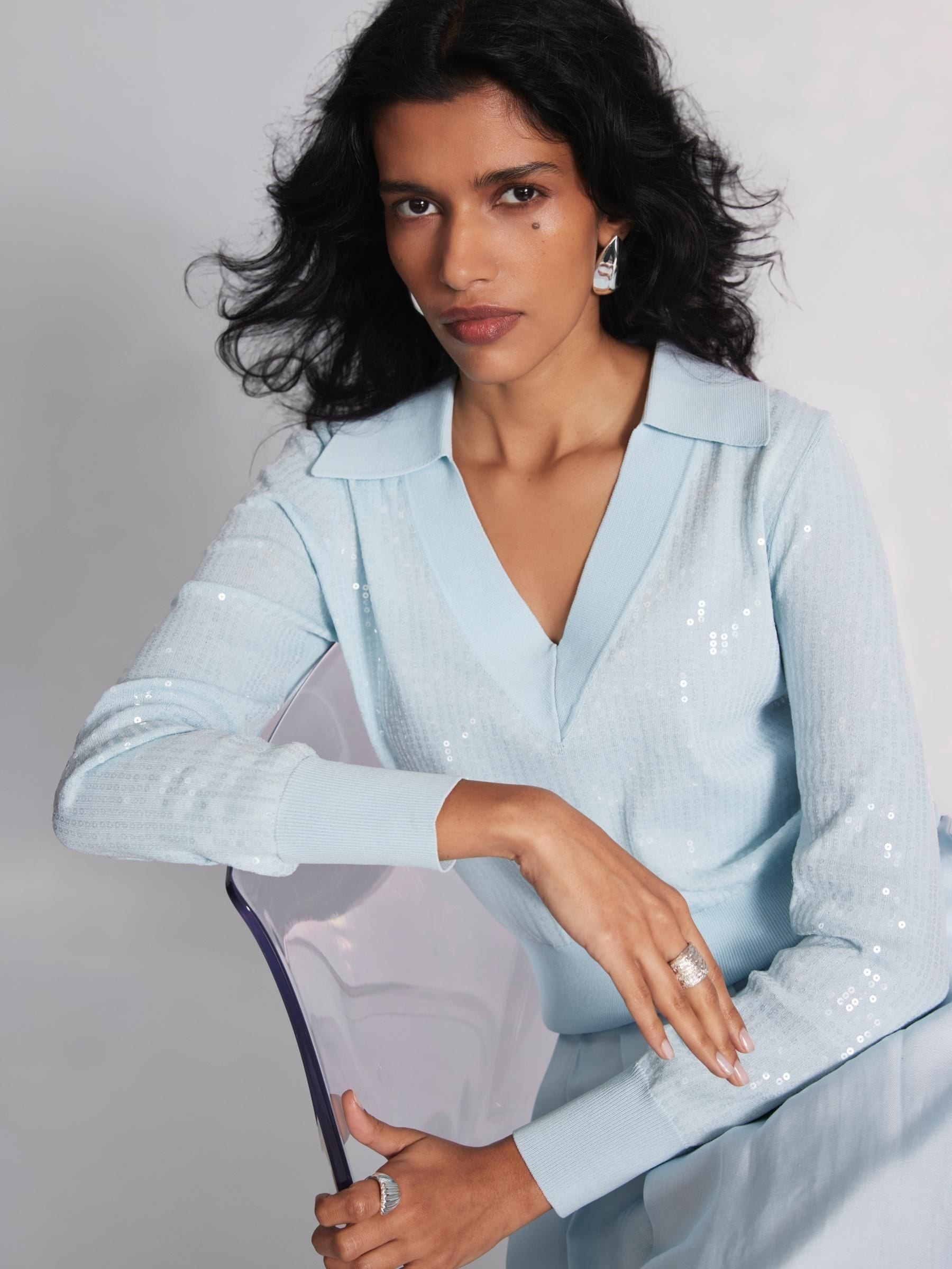 Buy Mint Velvet Blue Sequin Knit Polo Top from Next USA