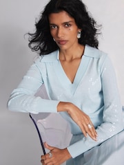 Mint Velvet Blue Sequin Knit Polo Top - Image 5 of 7