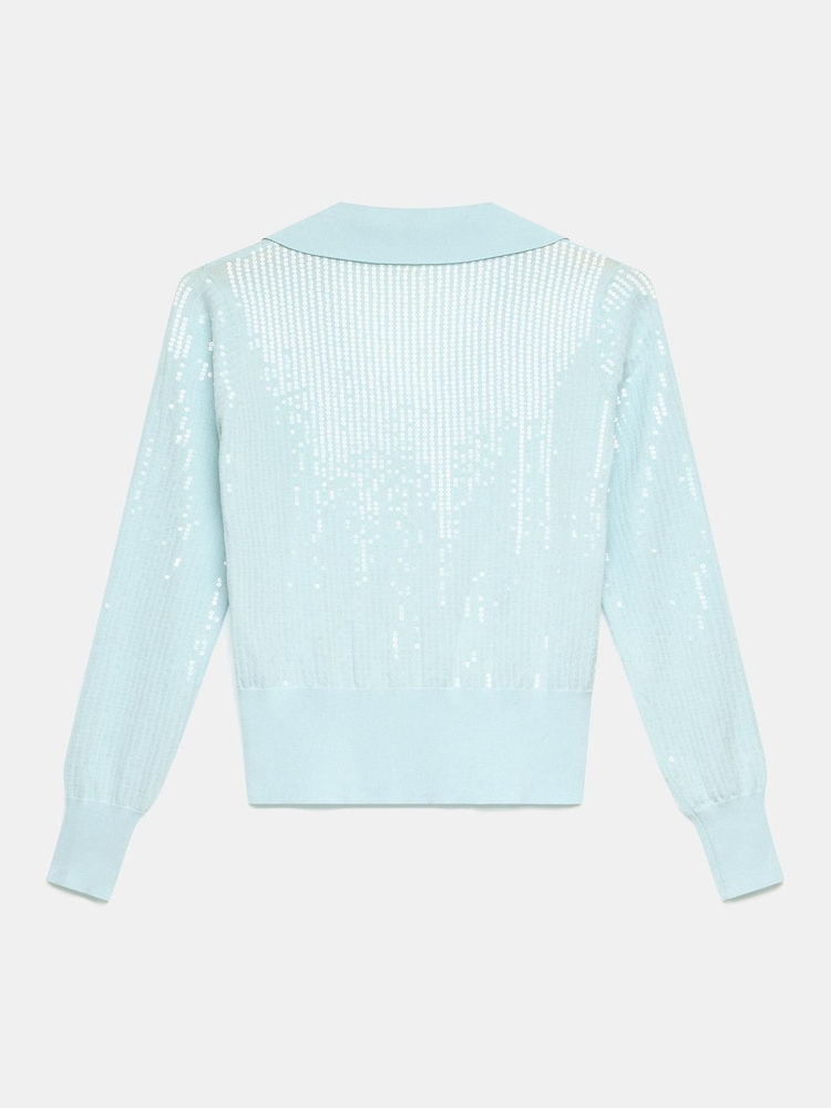 Mint Velvet Blue Sequin Knit Polo Top - Image 7 of 7
