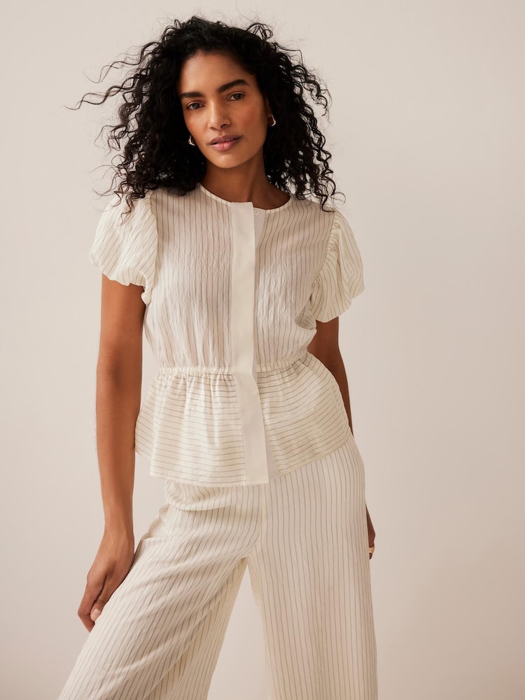 Mint Velvet Cream Stripe Peplum Top - Image 2 of 8