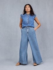 Mint Velvet Blue 100% Cotton Tie Waist Wide Jeans - Image 2 of 8