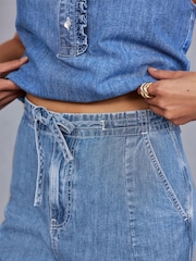 Mint Velvet Blue 100% Cotton Tie Waist Wide Jeans - Image 3 of 8