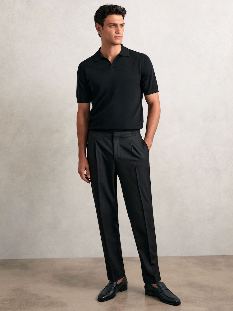 Reiss Black Hove Tapered Drawstring Tailored Trousers - Image 1 of 5