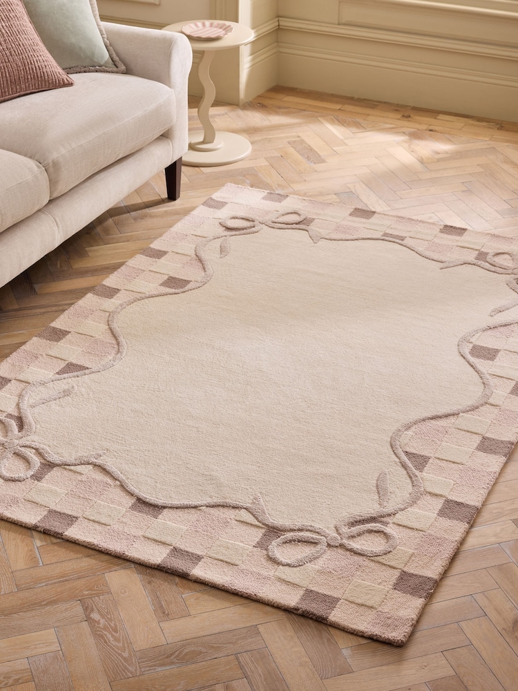 Natural Checkered Bow Border Rug - Image 1 of 6