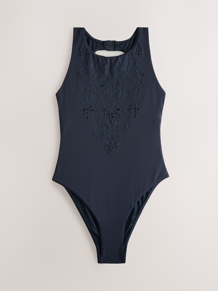 Navy Blue Broderie Cutwork High Neck Tummy Control Swimsuit - Image 1 of 3 Navy Blue Broderie Cutwork High Neck Tummy Control Swimsuit - Image 1 of 3