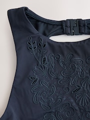 Navy Blue Broderie Cutwork High Neck Tummy Control Swimsuit - Image 7 of 8