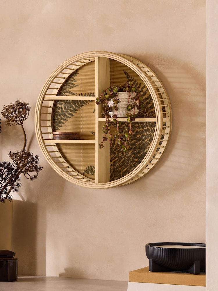 Neutral Leaf Rattan Round Wall Shelf - Image 1 of 5
