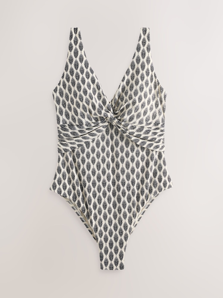 Cream/Black Woodblock Plunge Tummy Control Swimsuit - Image 1 of 4