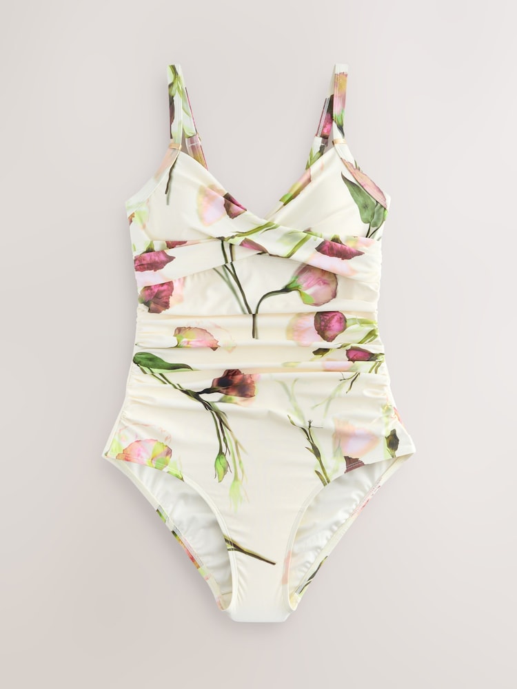 Cream Tulip Print Shaping Tummy Control Swimsuit - Image 1 of 4 Cream Tulip Print Shaping Tummy Control Swimsuit - Image 1 of 4