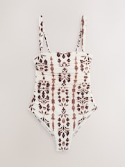 Brown/Cream Ikat Gathered Tummy Control Bandeau Swimsuit - Image 5 of 7