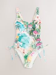 Blue/Pink Scenic Print Ruched Tummy Control Scoop Swimsuit - Image 6 of 9