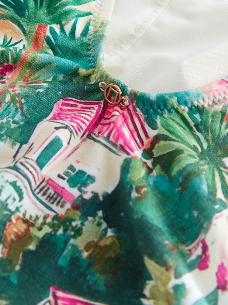 Blue/Pink Scenic Print Ruched Tummy Control Scoop Swimsuit - Image 9 of 9