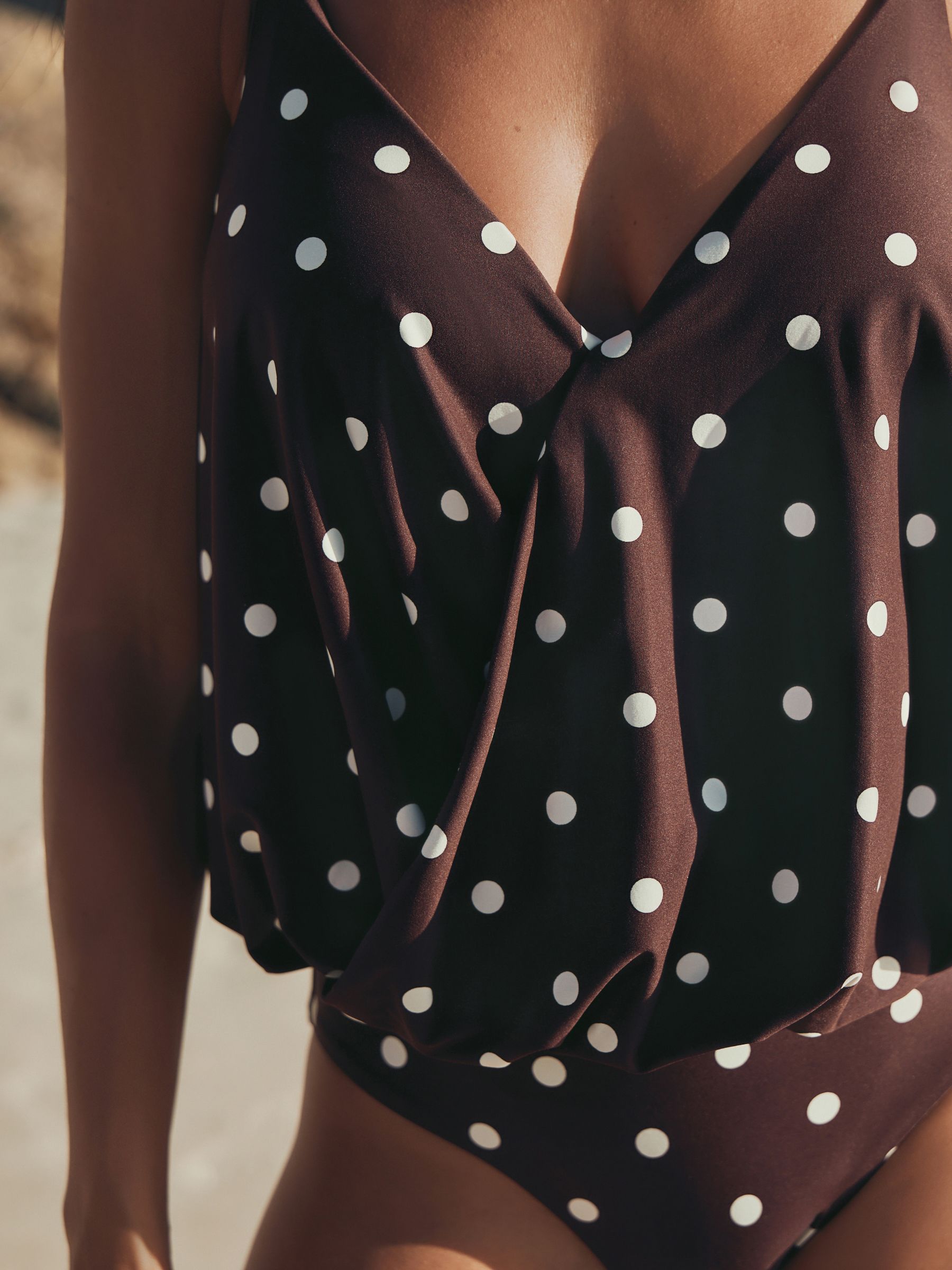 Buy Chocolate/Cream Polka Dot Wrap Blouson Tummy Control Swimsuit