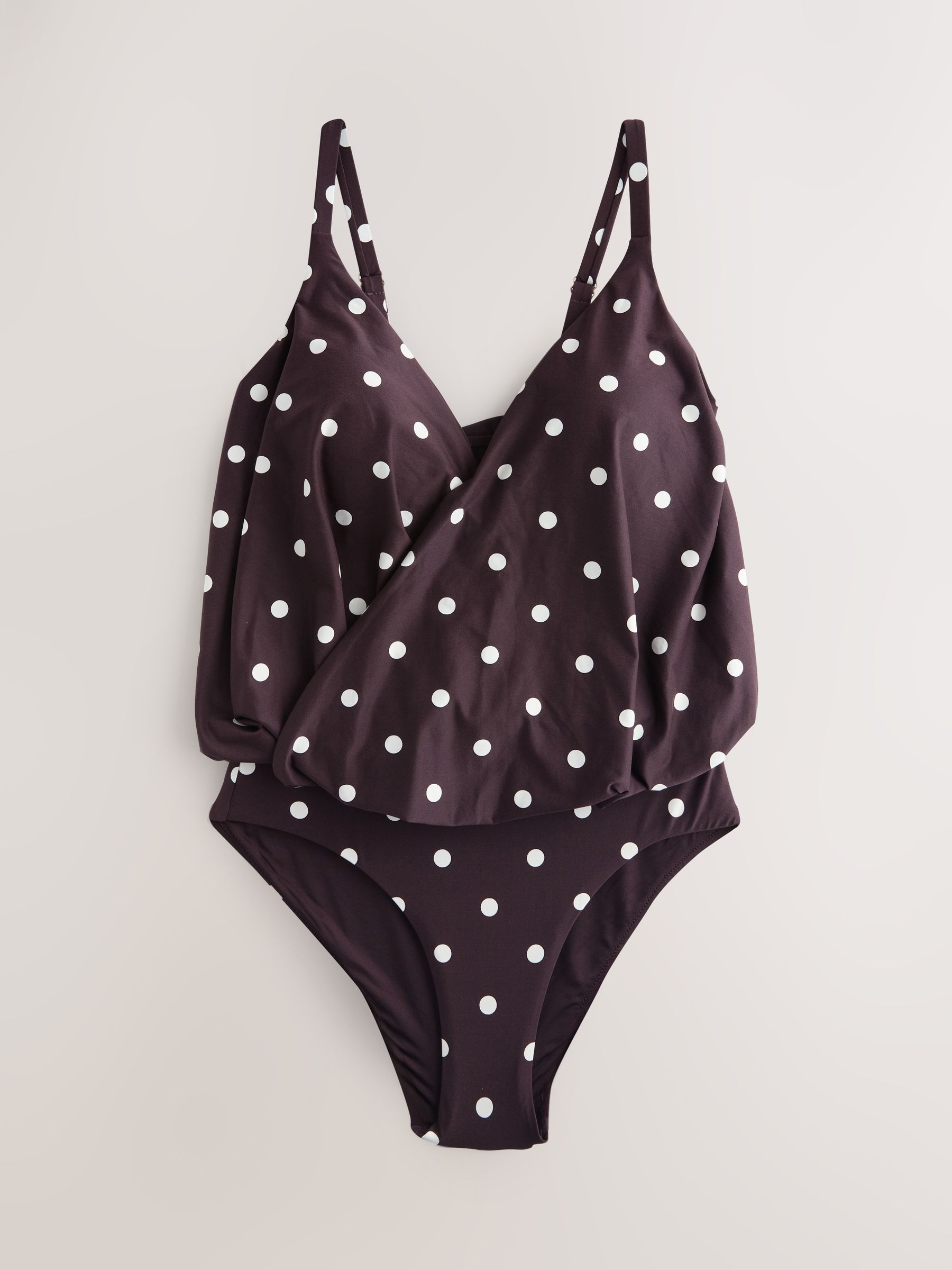 Buy Chocolate/Cream Polka Dot Wrap Blouson Tummy Control Swimsuit