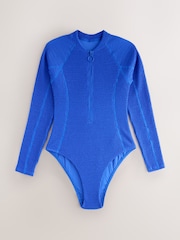 Cobalt Blue Crinkle Long Sleeve Rash Swimsuit - Image 1 of 4