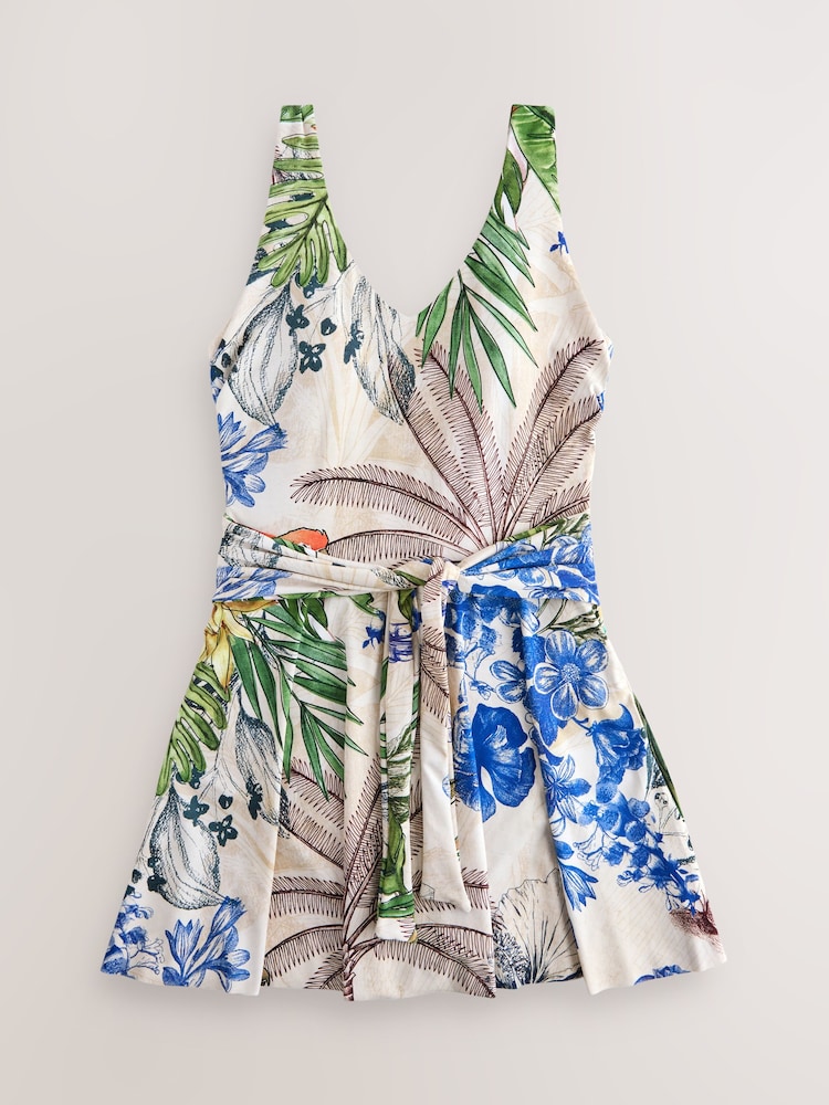 Krémová/tmavomodrý Potisk papoušků - Tvarující plavkové šaty s bříškem a sukní - Obrázek 1 z 4