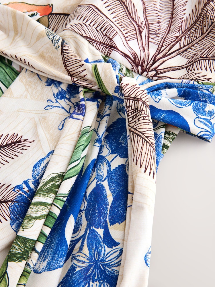 Krémová/tmavomodrý Potisk papoušků - Tvarující plavkové šaty s bříškem a sukní - Obrázek 2 z 4